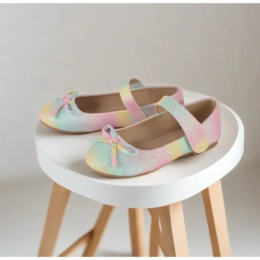 Girls Rainbow Glitter Shimmer Ombre Mary Jane Shoes Bows Flats Ballet EUR 30 12
